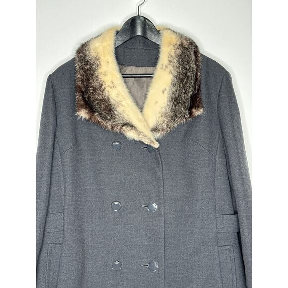 Vintage 1960s Wool Coat with Real Fur Collar Gray Double Breasted XXL - Picture 14 of 16